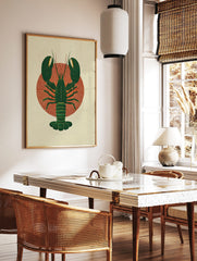 Dark green lobster illustration with textured claws and tail on a red radial sunburst background, in a styled room mockup