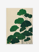 Illustrative art print featuring multiple green fan-shaped botanical leaves on dark stems against a light beige background.