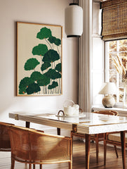 Illustrative art print featuring multiple green fan-shaped botanical leaves on dark stems against a light beige background. - Image 3