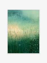 Green meadow grass art print with tall blades, white wildflowers, and peach horizon