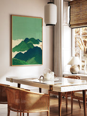 Stylized green mountain landscape illustration art print with clouds and a red stamp in a Japanese art style. - Image 2