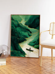 Stylized green mountains and river with a person in a boat, featuring gold line accents in an Asian art style. - Image 2