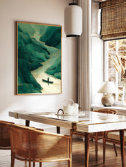 Stylized green mountains and river with a person in a boat, featuring gold line accents in an Asian art style. - Image 3
