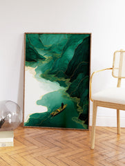 Green mountain landscape wall art with a golden river and a small boat carrying a person, in a stylized Asian art print. - Image 2