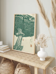 Green mushroom botanical illustration art print, showing gills, stem, and Japanese text on, in an alternate framed mockup