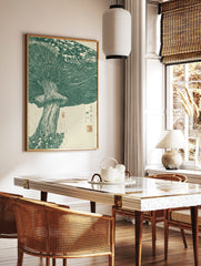 Green mushroom botanical illustration art print, showing gills, stem, and Japanese text on light, in a styled room mockup