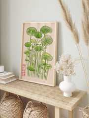 Green mushroom illustration poster with Japanese characters on a light background, featuring tall fungi. - Image 4