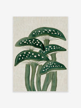 Illustrative green mushrooms with white spots and gills on a textured beige background, vertical composition