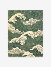 Green ocean wave poster with white crests and fine line patterns in Japanese woodblock style