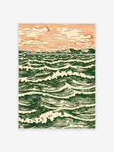 Green and cream Japanese woodblock style ocean waves poster with rolling surf and orange lined sky