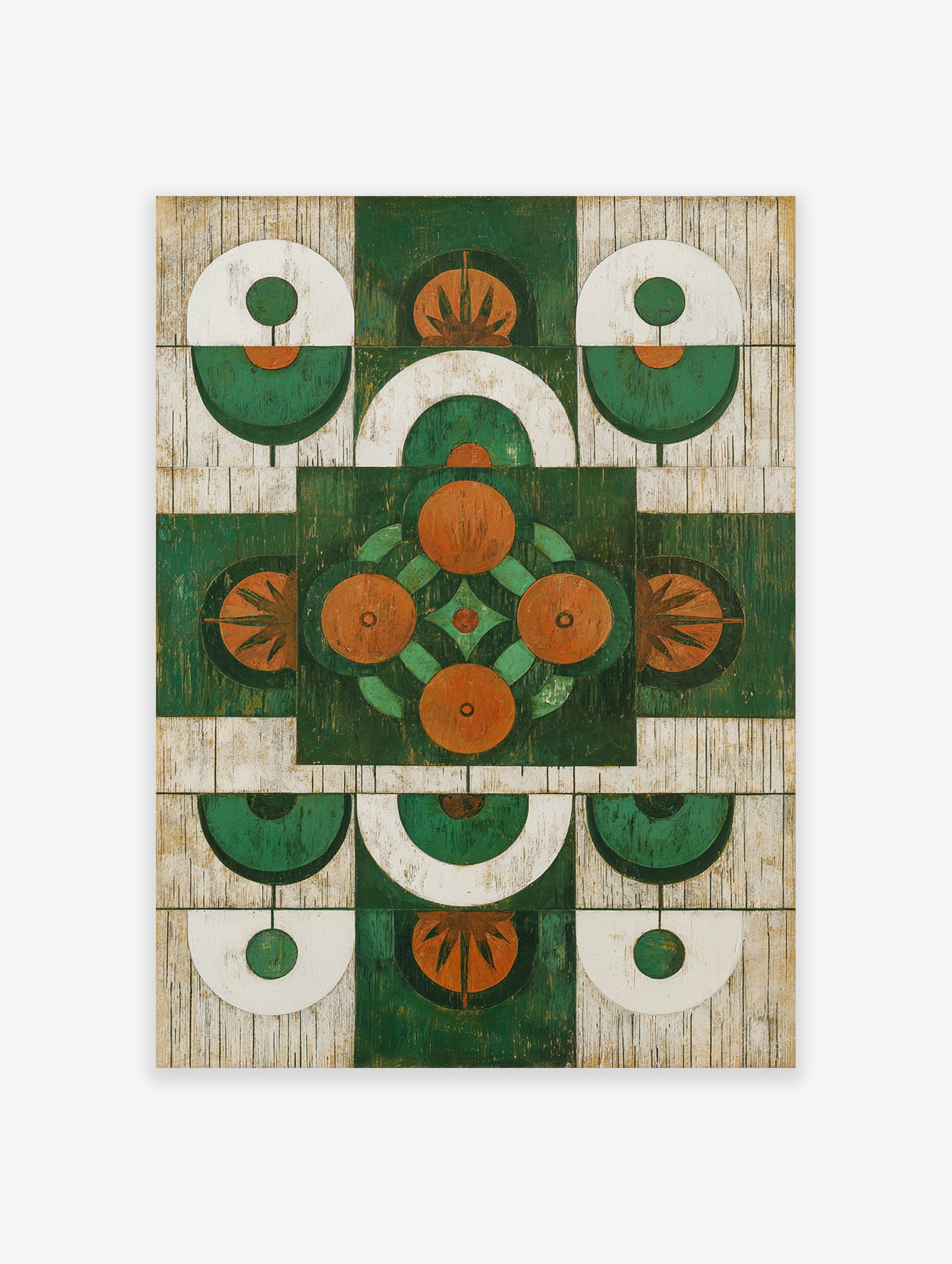 Green orange abstract wall art with a symmetrical geometric pattern and stylized botanical shapes on a distressed background.