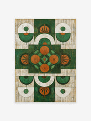 Green orange abstract wall art with a symmetrical geometric pattern and stylized botanical shapes on a distressed background.