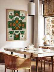 Green orange abstract wall art with a symmetrical geometric pattern and stylized botanical shapes on a distressed background. - Image 2