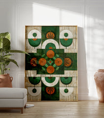 Green orange abstract wall art with a symmetrical geometric pattern and stylized botanical shapes on a distressed background. - Image 3