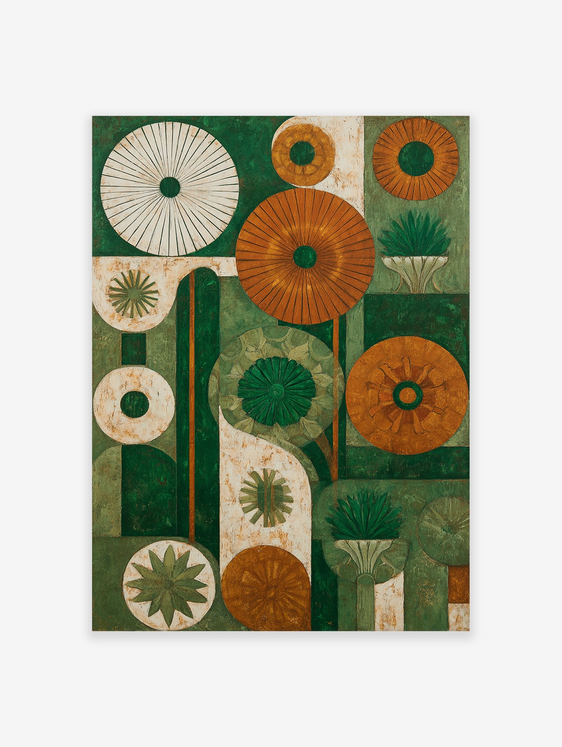 Abstract green and orange botanical wall art with stylized circular flower and plant shapes on a textured background.