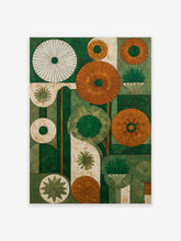 Abstract green and orange botanical wall art with stylized circular flower and plant shapes on a textured background.