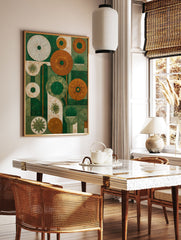 Abstract green and orange botanical wall art with stylized circular flower and plant shapes on a textured background. - Image 2