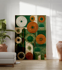 Abstract green and orange botanical wall art with stylized circular flower and plant shapes on a textured background. - Image 3