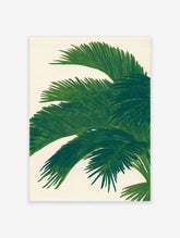 Green palm leaf botanical illustration print on a light textured background, showcasing tropical foliage wall art.