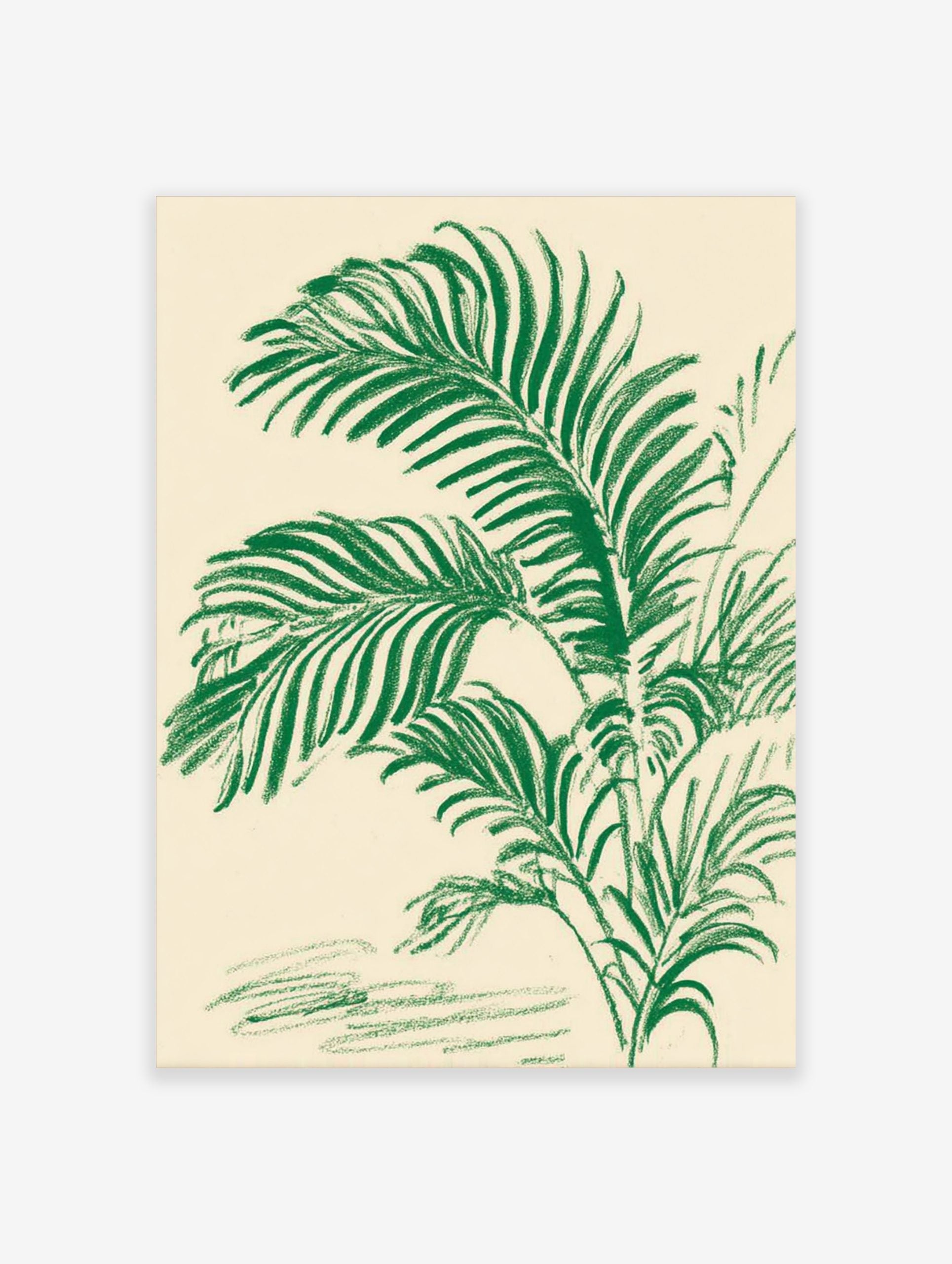 Green palm leaf botanical illustration art print with textured, hand-drawn style on a cream background