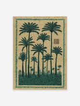 Green palm tree poster with multiple trees, lush foliage, and a decorative border on a textured beige background.