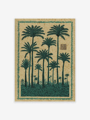 Green palm tree poster with multiple trees, lush foliage, and a decorative border on a textured beige background.
