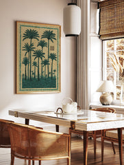 Green palm tree poster with multiple trees, lush foliage, and a decorative border on a textured beige background. - Image 2