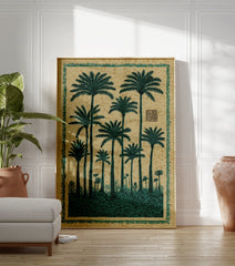 Green palm tree poster with multiple trees, lush foliage, and a decorative border on a textured beige background. - Image 3