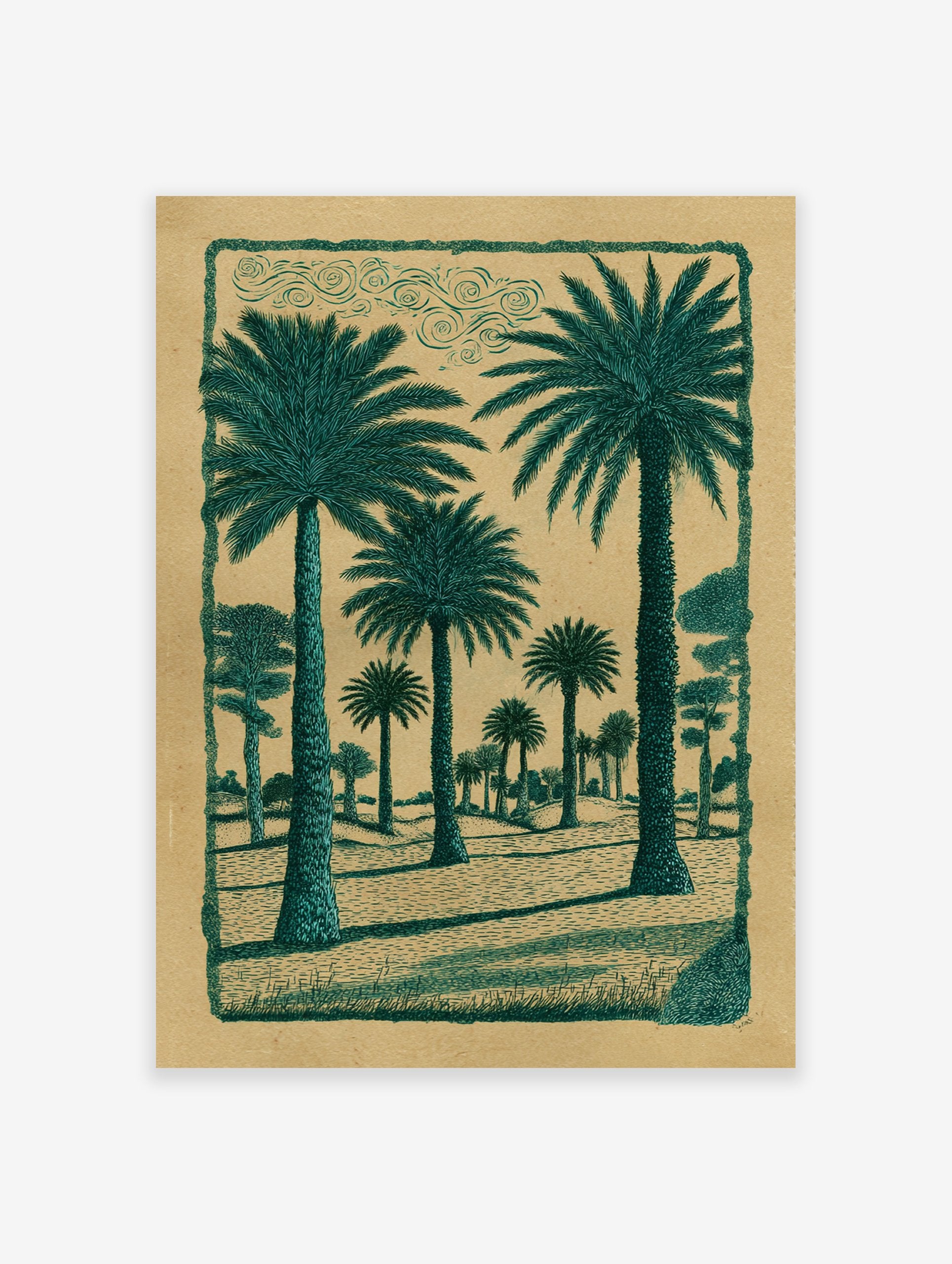 Green palm tree poster depicting a desert landscape with multiple palm trees and a decorative border on brown paper.