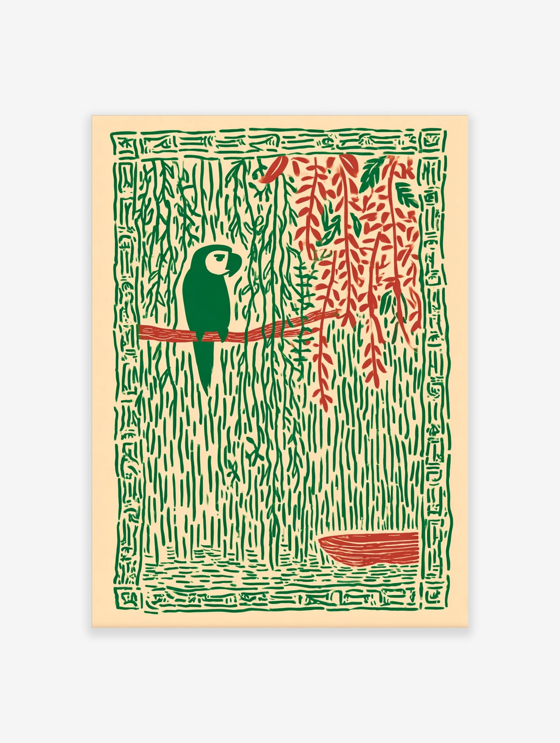 Stylised green parrot on red branch, surrounded by green jungle vines, red leaves, and a patterned border