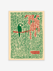 Stylised green parrot on red branch, surrounded by green jungle vines, red leaves, and a patterned border