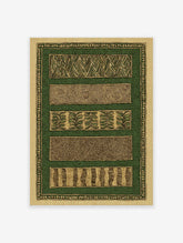 Green and beige pattern wall art with five distinct horizontal patterns including chevrons, dots, and leaf motifs, framed by a patterned border.