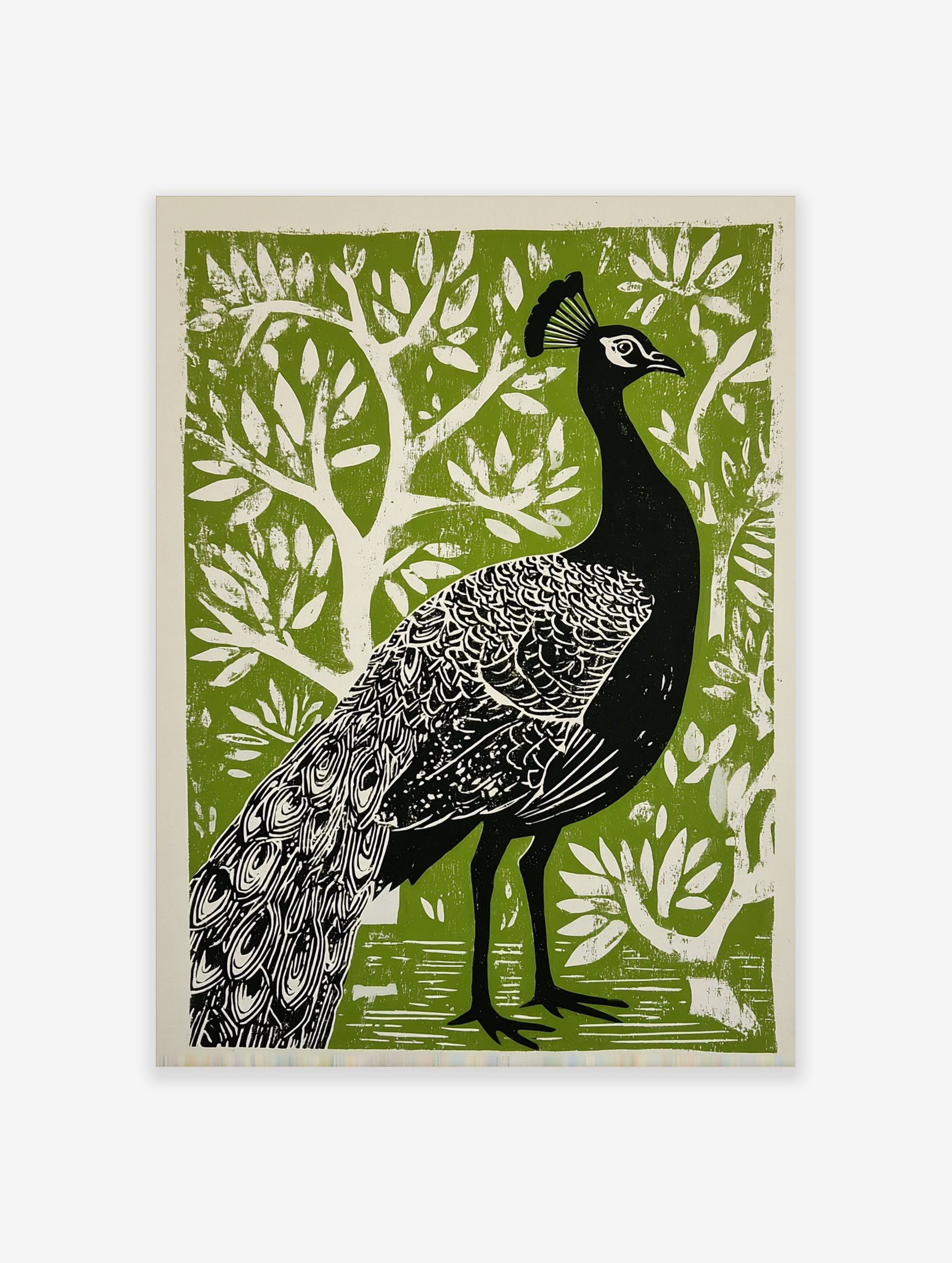 Illustrative black peacock print with white feather details against a textured green background with white trees