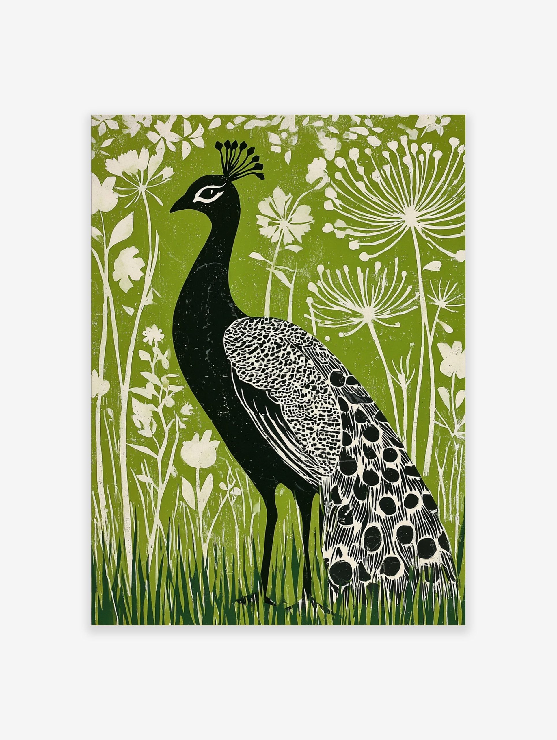 Black peacock with white patterned feathers against a vibrant green background with white botanical flowers and grass