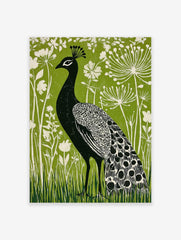 Black peacock with white patterned feathers against a vibrant green background with white botanical flowers and grass