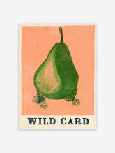 Green pear on roller skates with WILD CARD text on coral background art print