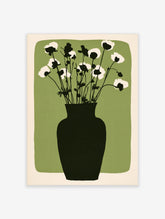 Green poppy flower poster with black vase and white blooms on sage green background