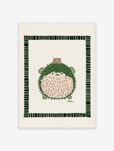 Green pufferfish illustration with red and white belly and striped green border on cream background