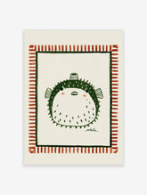 Green pufferfish illustration art print with striped border and blush cheeks on cream background