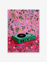 Green record player with red vinyl on pink floral background, botanical wall art print
