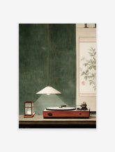 Green retro music room poster with vintage turntable, pendant lamp, and botanical scroll