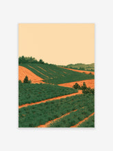 Green rolling hills landscape art print with terraced fields, orange soil paths, and dark green trees