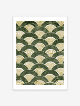 Green scallop pattern wall art with golden concentric lines on a textured forest green background