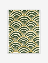 Geometric scallop pattern wall art in green and cream with gold lines, illustrative wave design on paper background