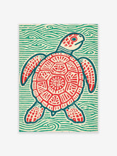 Green sea turtle art print with red patterned shell swimming through teal waves