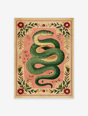 Illustrative green serpent coiled on a pink background, surrounded by an ornate border of red flowers and green leaves