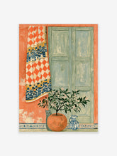 Green shutter wall art with orange diamond textile, potted plant, grey cat, and blue jug in a colourful room