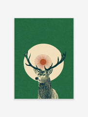 Illustrative green stag with antlers, set against a cream circle and red sunburst on a dark green background
