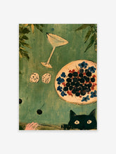Green still life art print with black cat, dice, glass, and fruit bowl