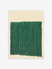 Abstract green vertical stripes wall art on a beige background with a small red seal